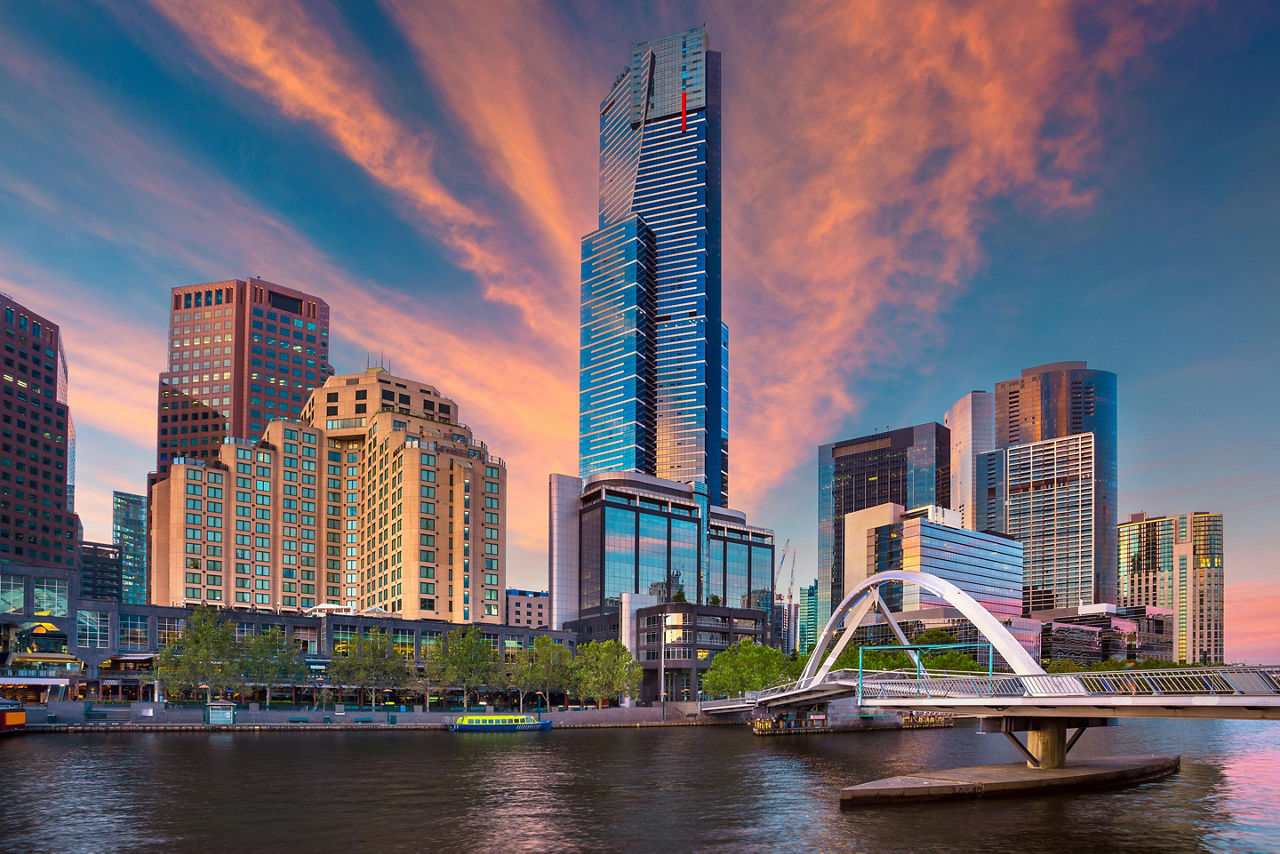 Melbourne, Australia Cityscape Sunset Pink Clouds