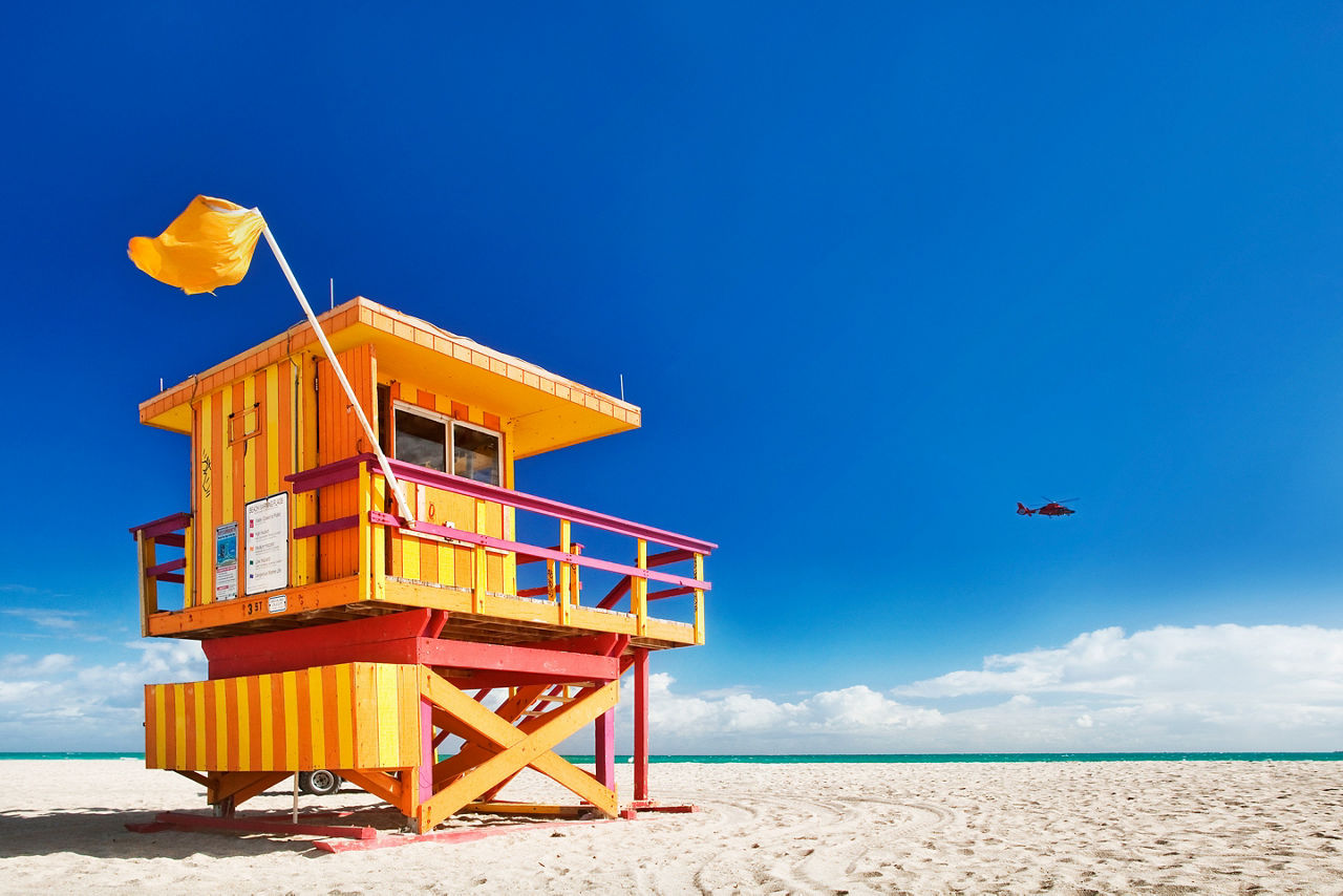 Seafront with lifeguard hut in Fort Lauderdale Florida, USA