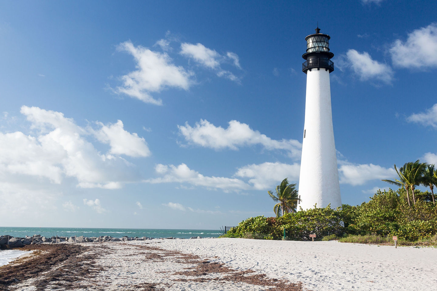 Cape Florida Lighthouse stands above palms and bright shoreline. - Miami, Florida