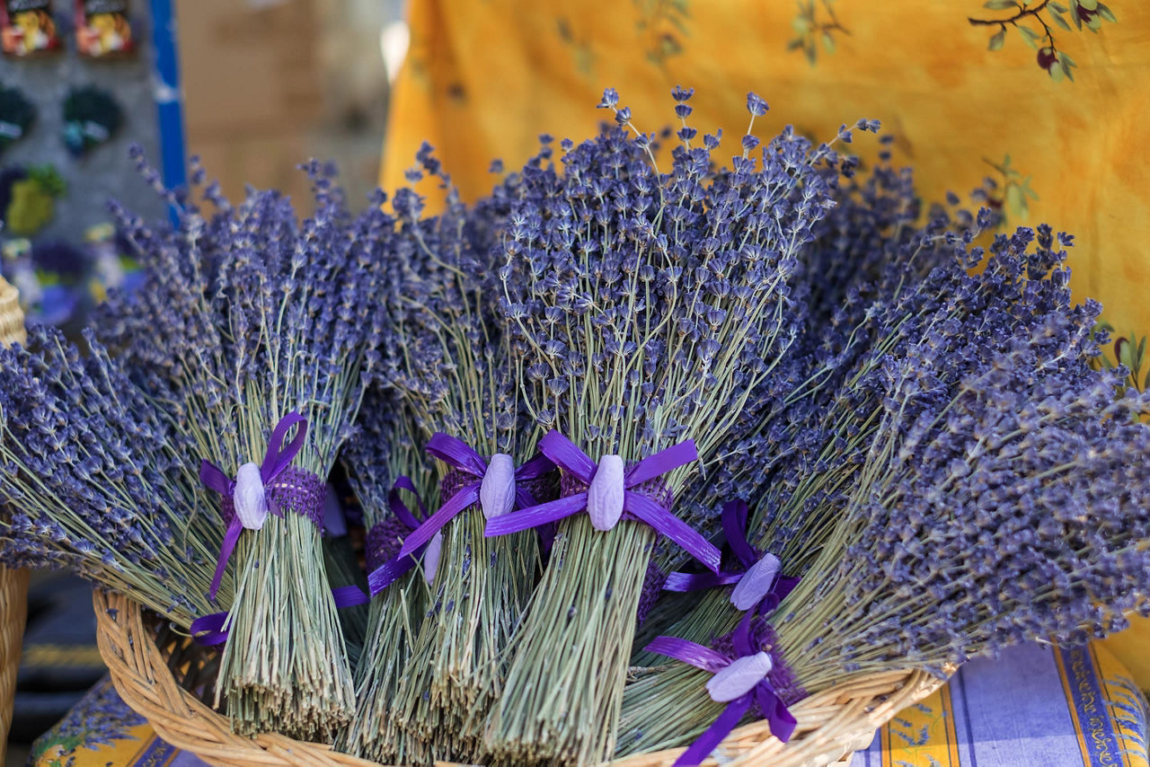 Decorated bouquets of lavender on a market in Monte Carlo, Monaco