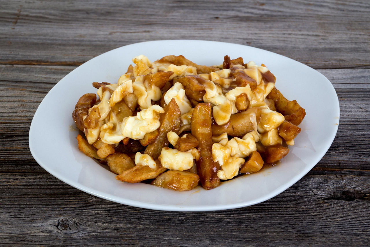 Poutine, a Quebecois meal of french fries and cheese curds with gravy, from a restaurant in Montreal, Quebec