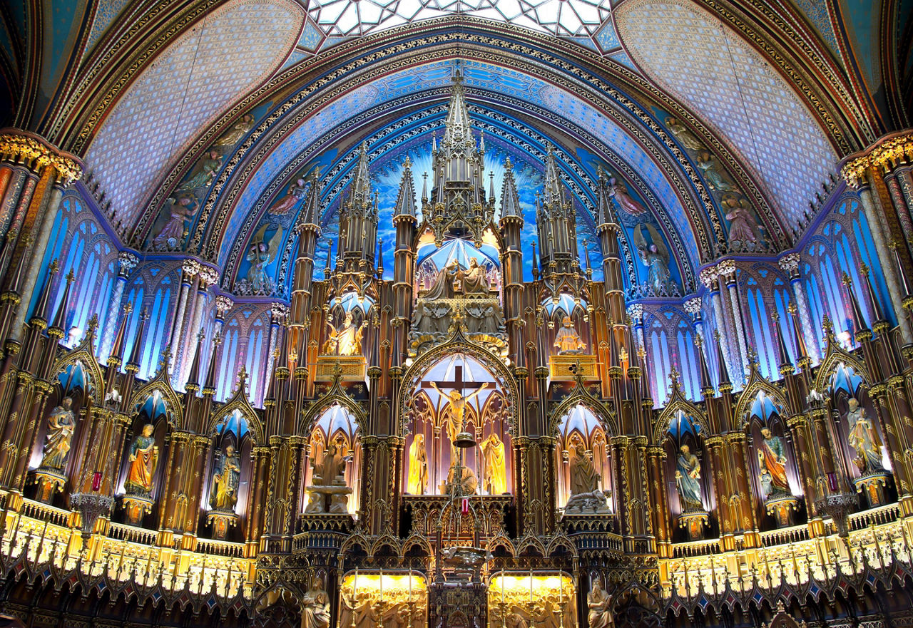 The church interior of Notre-Dame Basilica in Montreal, Quebec
