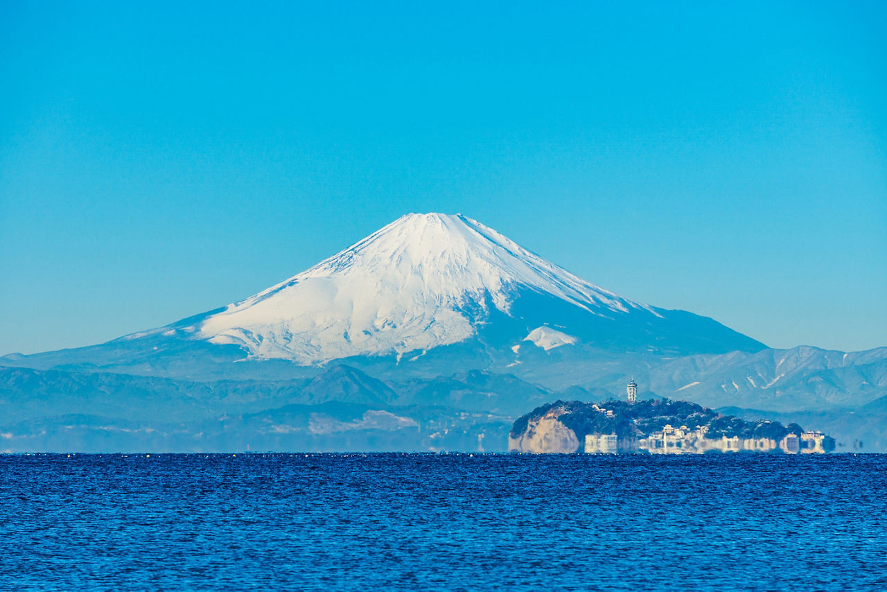 Mt. Fuji and Enoshima from Zushi Beach in Kanagawa Prefecture, Japan
