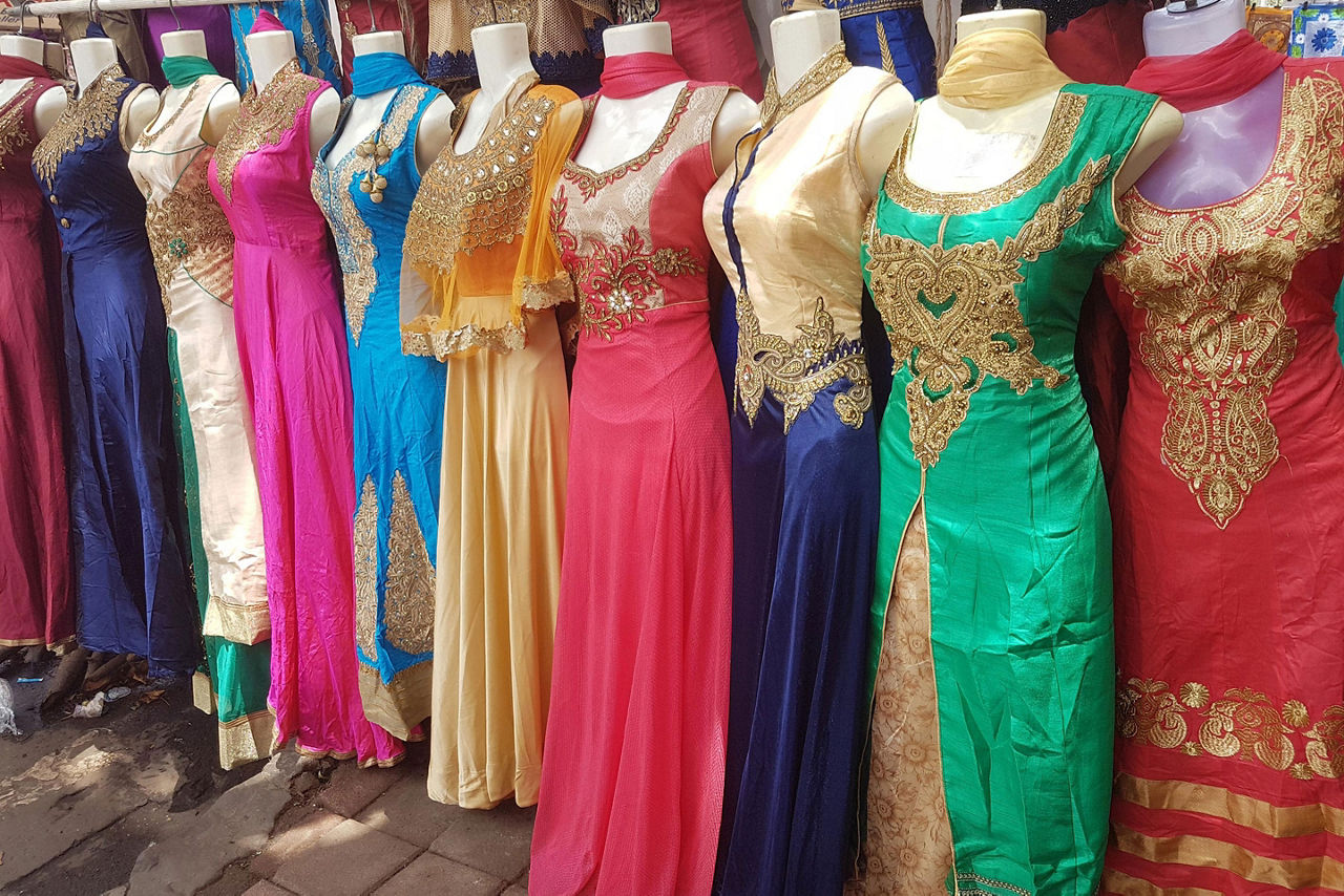 Colorful traditional Indian dresses selling at the street vendors in Mumbai, India