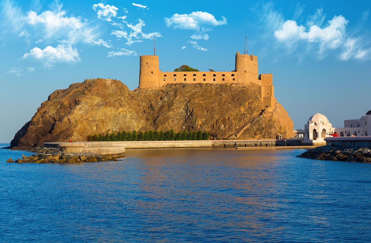 Impressive twin forts called Fort Al-Jalali at the entrance of Old Muscat's harbor near Sultan Qaboos palace in Muscat, Oman