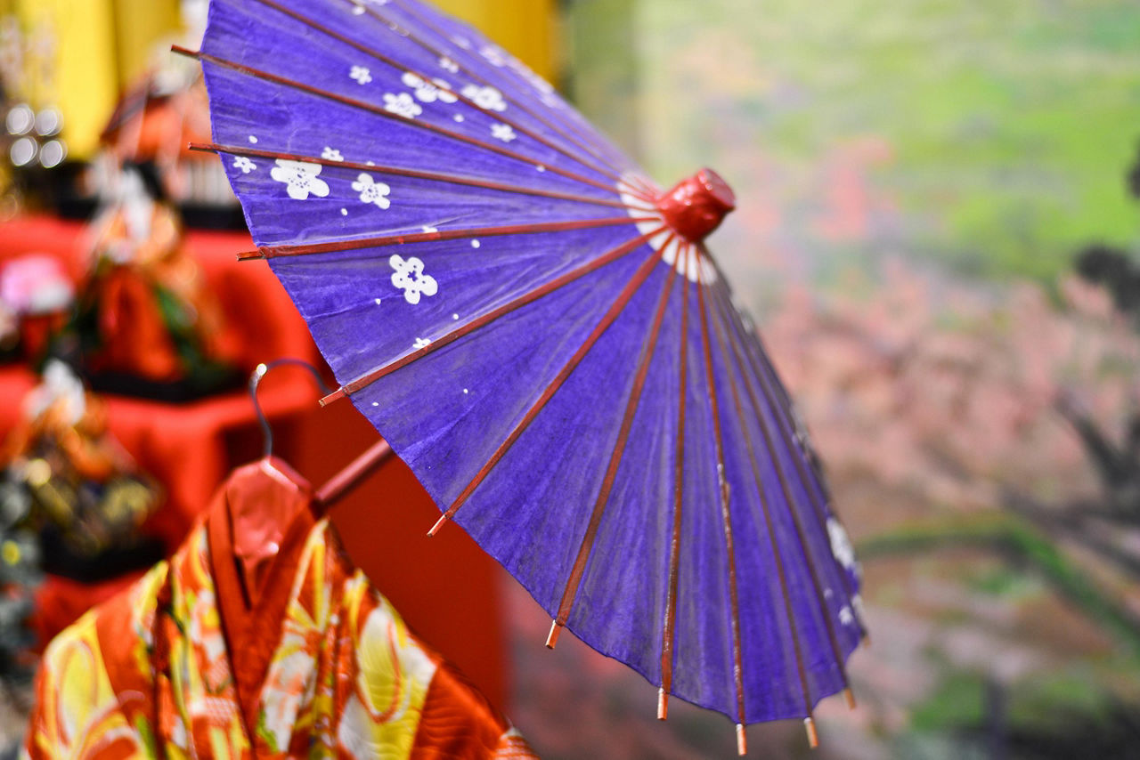 A kimono under a purple umbrella