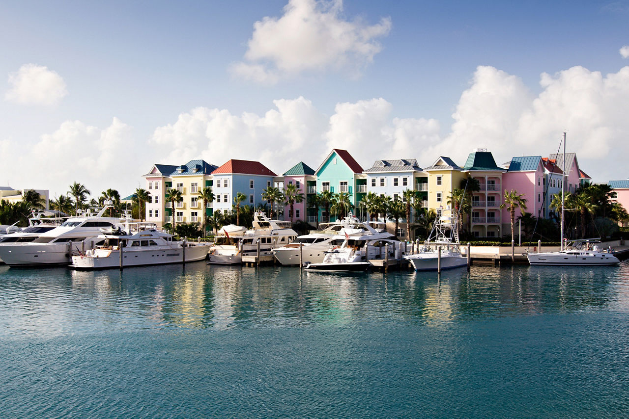 Boats Docked at the Pastel Colored Marina Village, Nassau, Bahamas