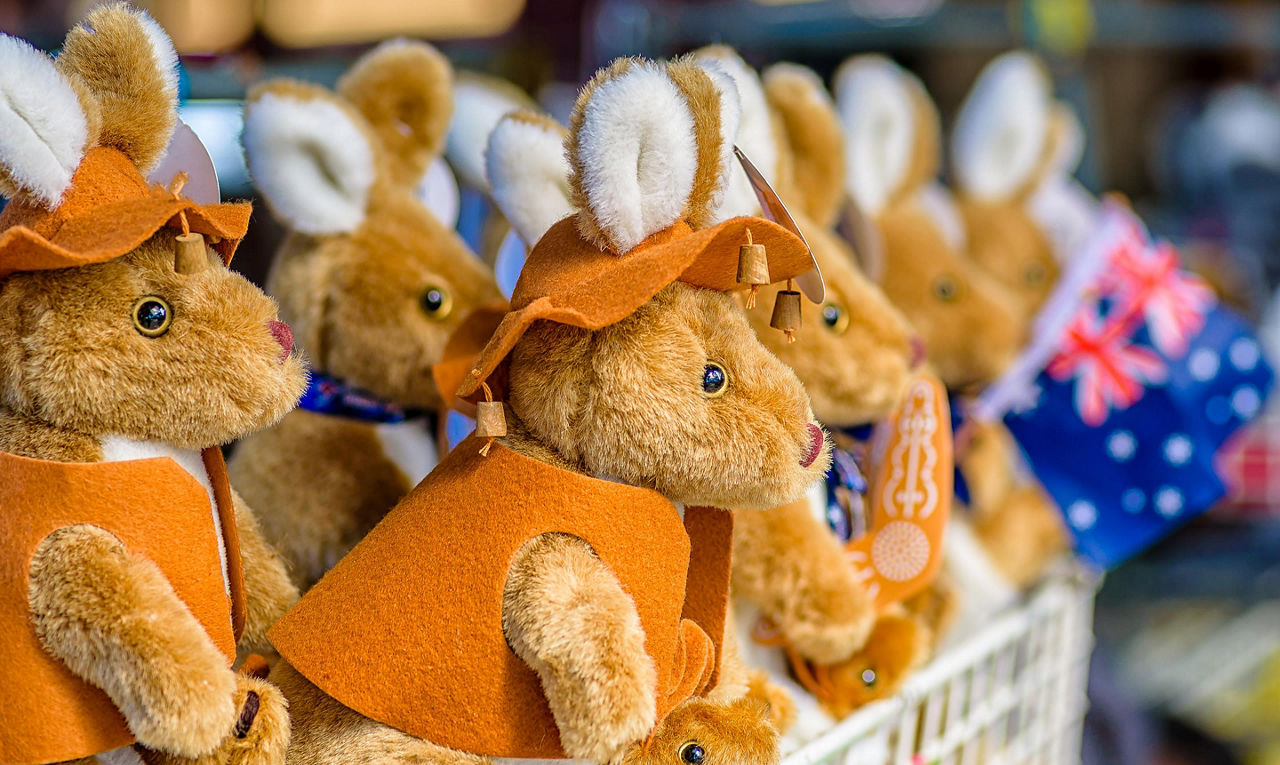 Stuffed toy Kangaroo souvenirs for sale at the markets in Australia