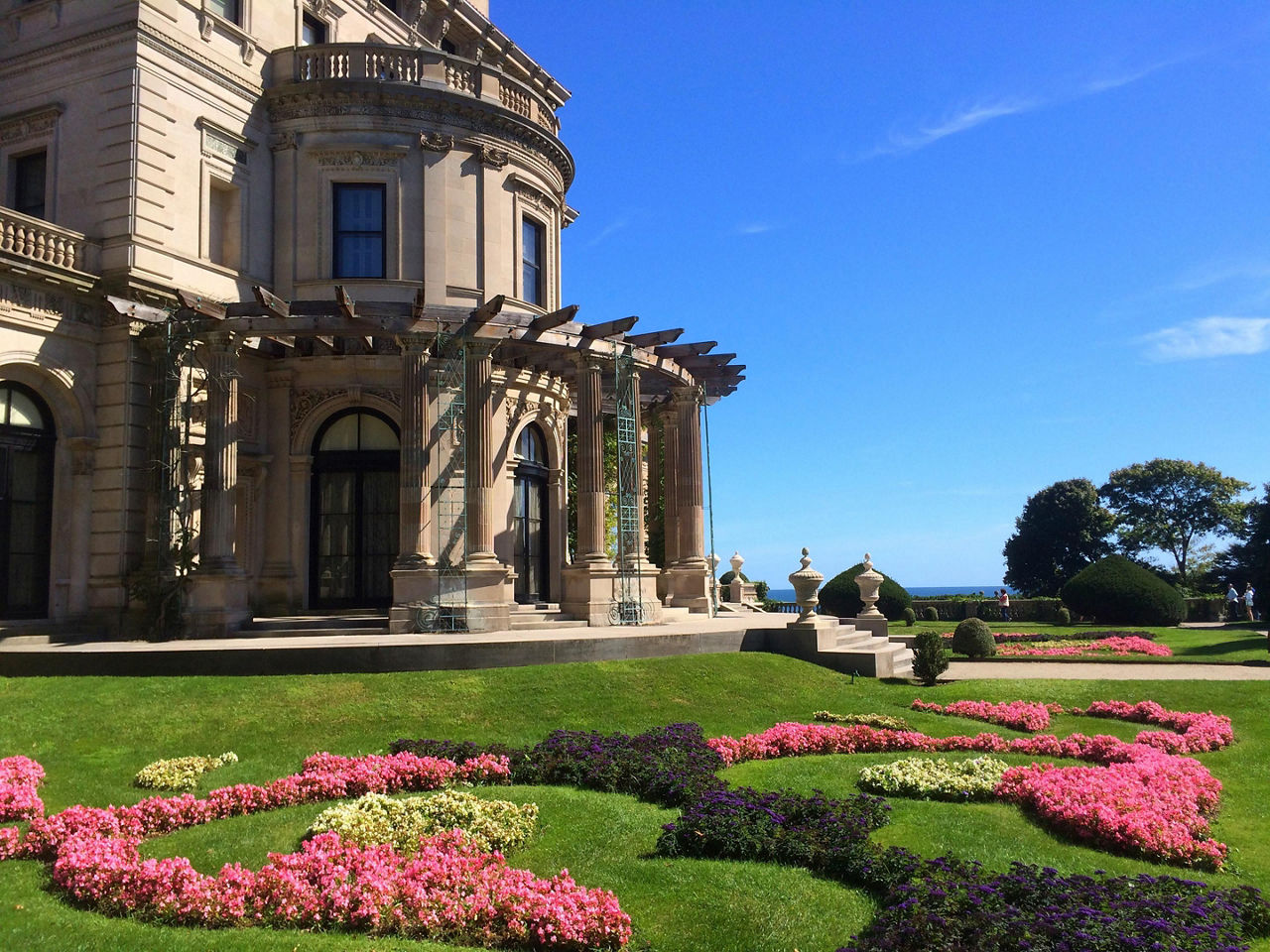 The gardens in the front of the Breakers Mansion in Newport, Rhode Island