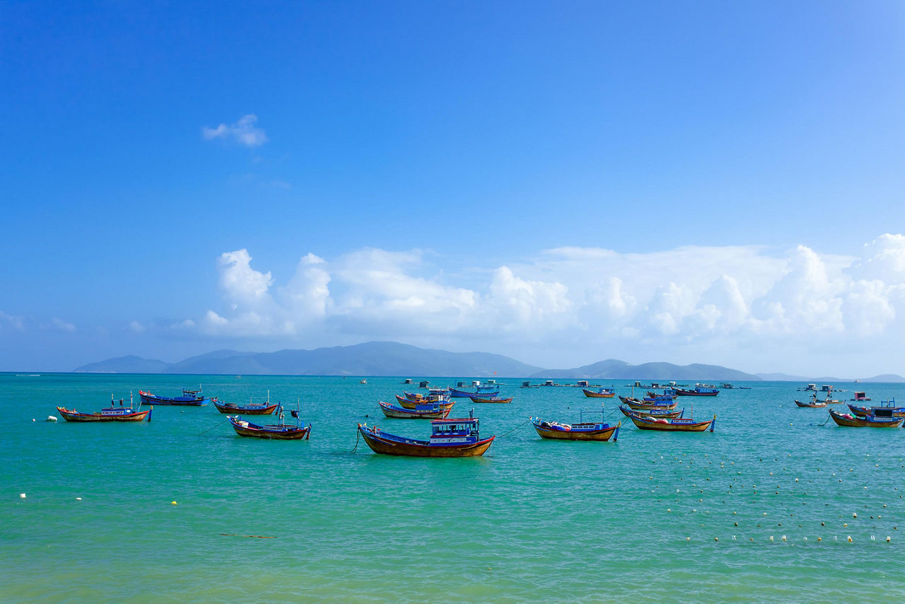Fishing boats anchored at sea in Nha Trang, Vietnam