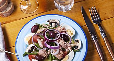 A Nicoise salad on a white and blue plate