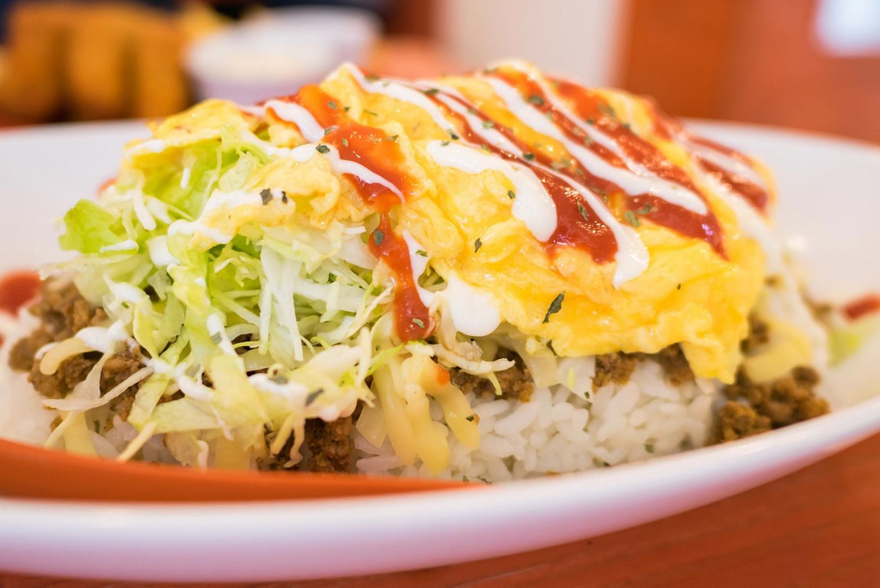 Taco filling with rice and cheese, fusion dish of Okinawa, Japan
