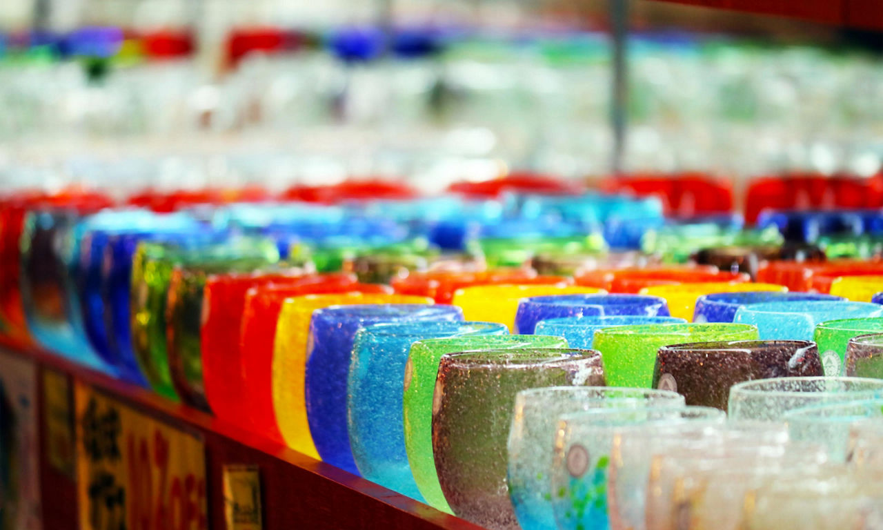 Colorful glasses on sale at a souvenir shop in Okinawa, Japan