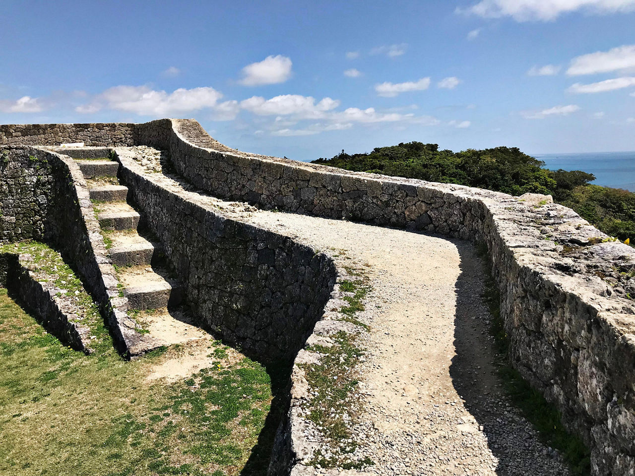 Part of the stone wall with stairs at Nakagusuku castle in Okinawa, Japan