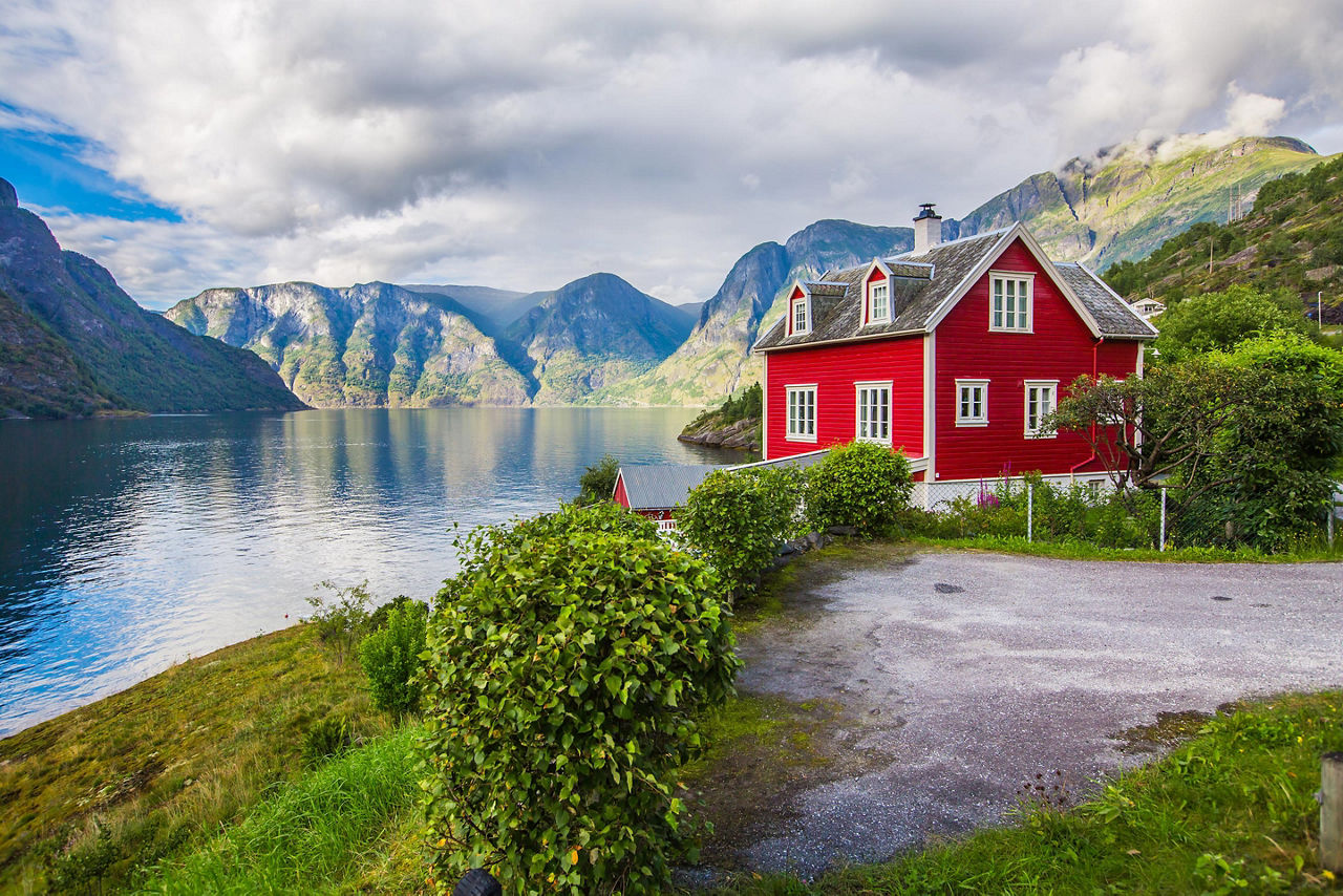 Olden, Norway, Red House on Sognefjord