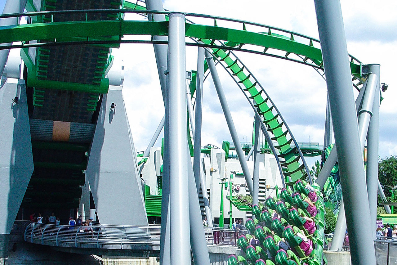 Green roller coaster ride similar to the Hulk Coaster.