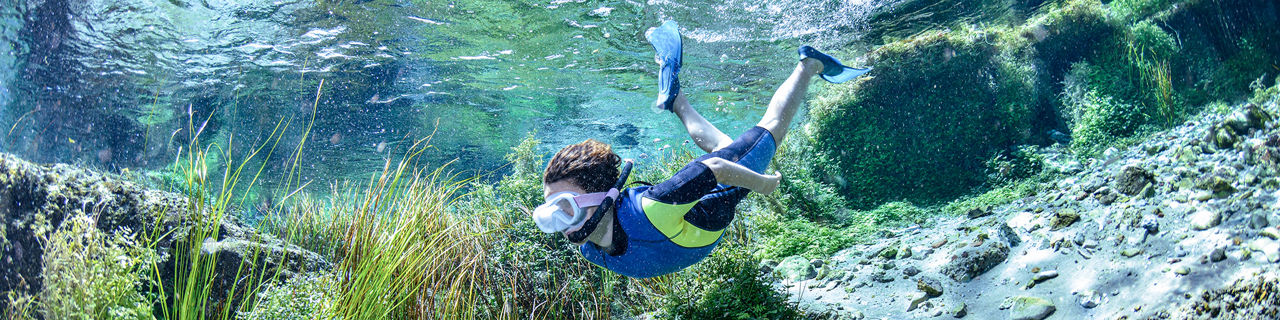 Underwater young boy snorkel diving freshwater. Orlando, Flroida.