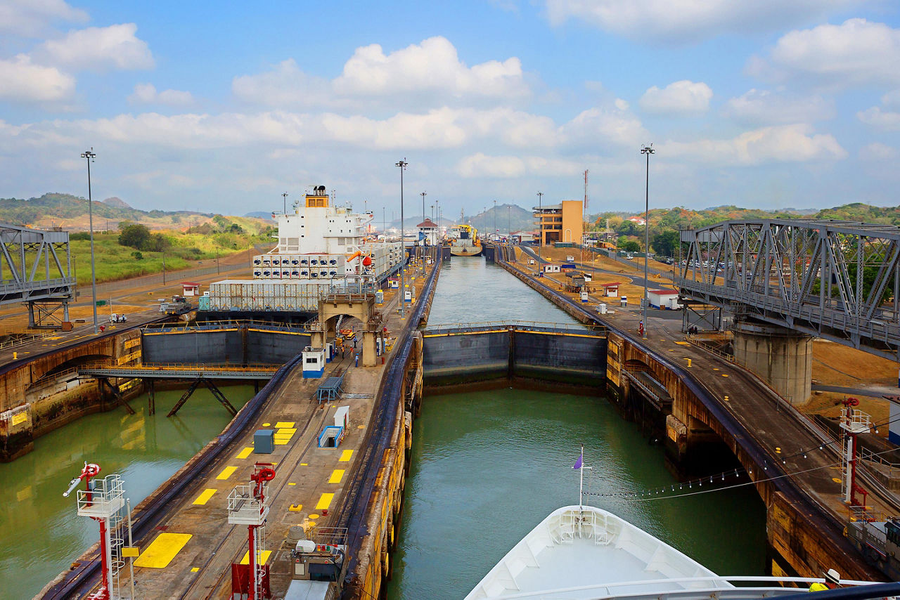 The first lock of the Panama Canal from the Pacific Ocean with a view from a ship
