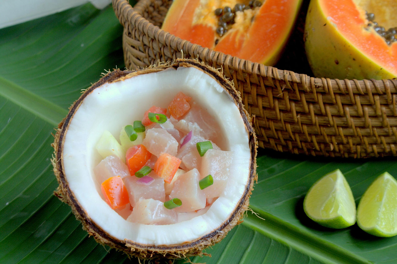 Traditional raw tuna salad in Tahiti