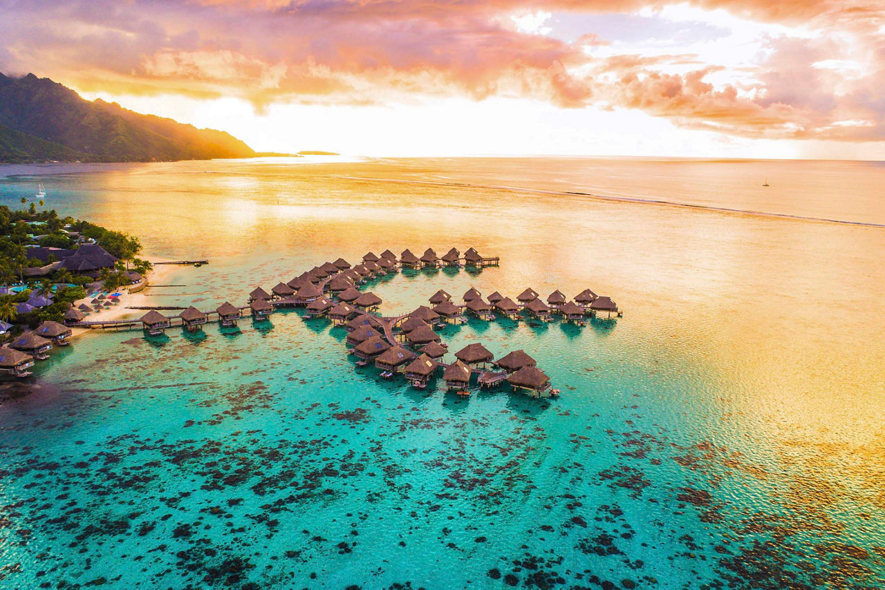  Overwater Bungalows Sunset , Tahiti, French Polynesia