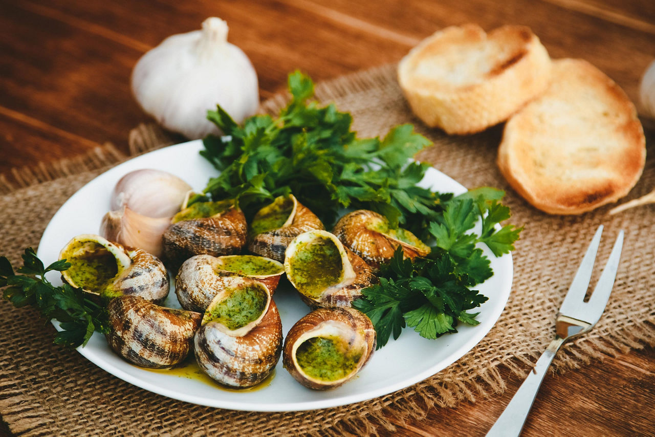 Escargots on a white plate with a side of sliced bread