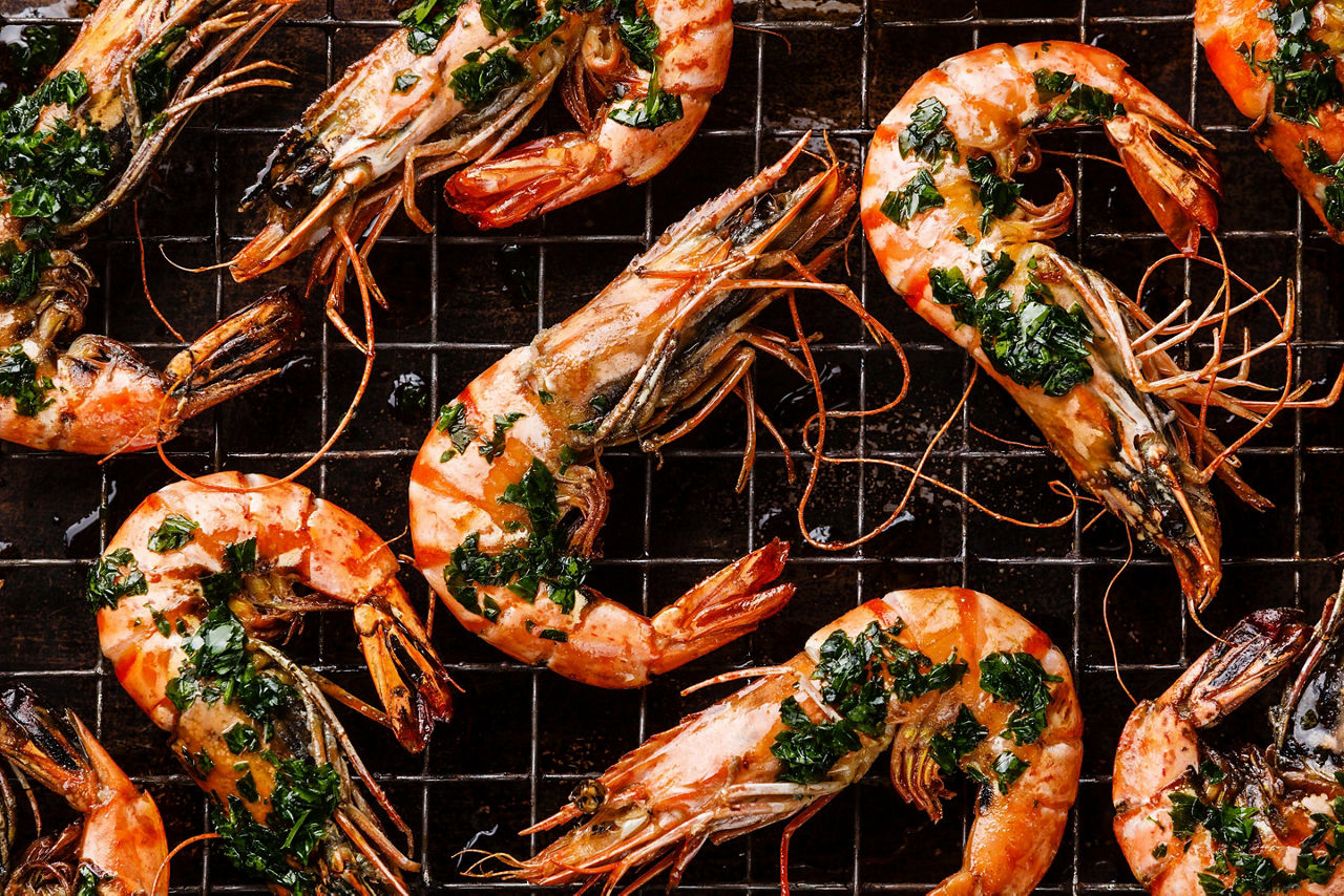Roasted tiger prawns on the barbecue