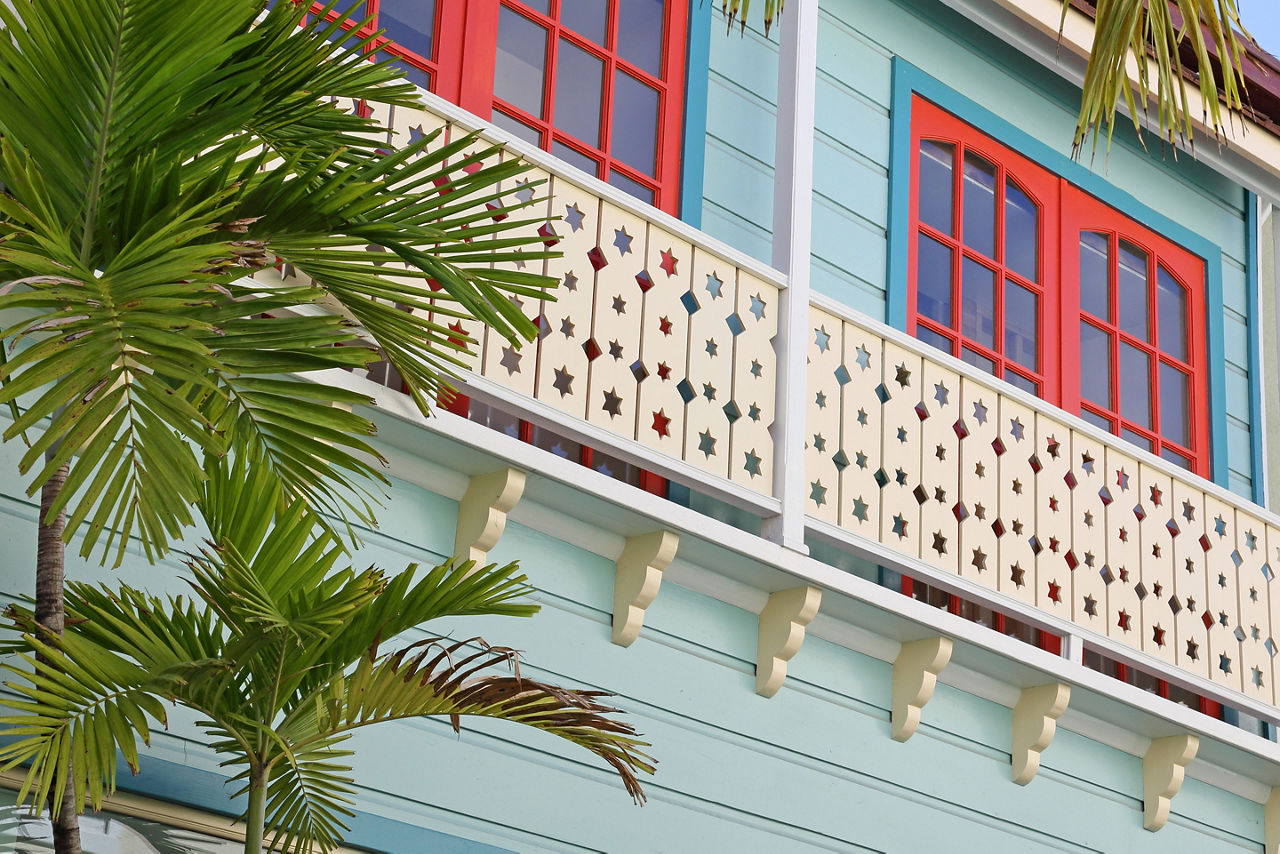Close-up of Colorful Balcony Architecture, Philipsburg, St. Maarten