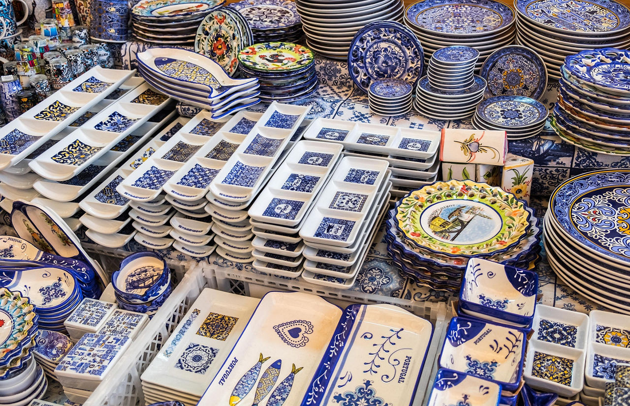 An assortment of ceramic souvenirs in Portugal