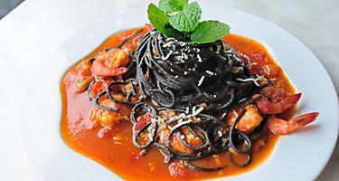 Squid Ink Spaghetti with spicy shrimps in Port Douglas, Australia