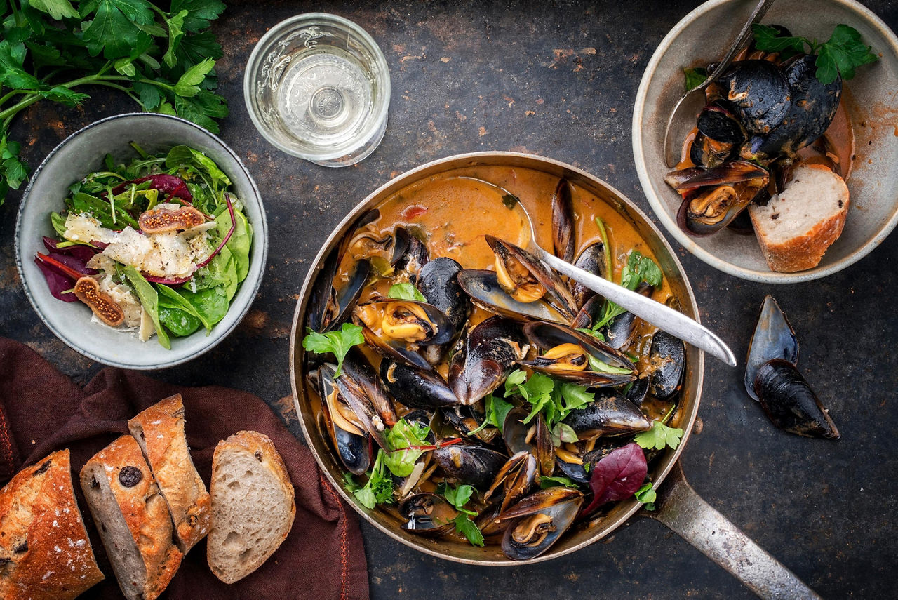 Provence (Marseille), France, Blue mussels in bouillabaisse