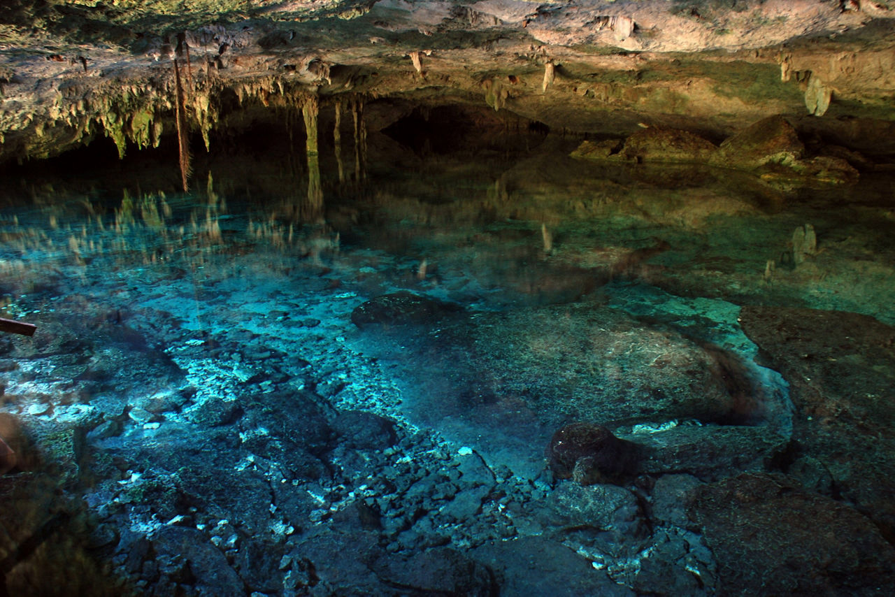 Cave with Beautiful Ocean Water in Cenote Azul, Costa Maya, Mexico