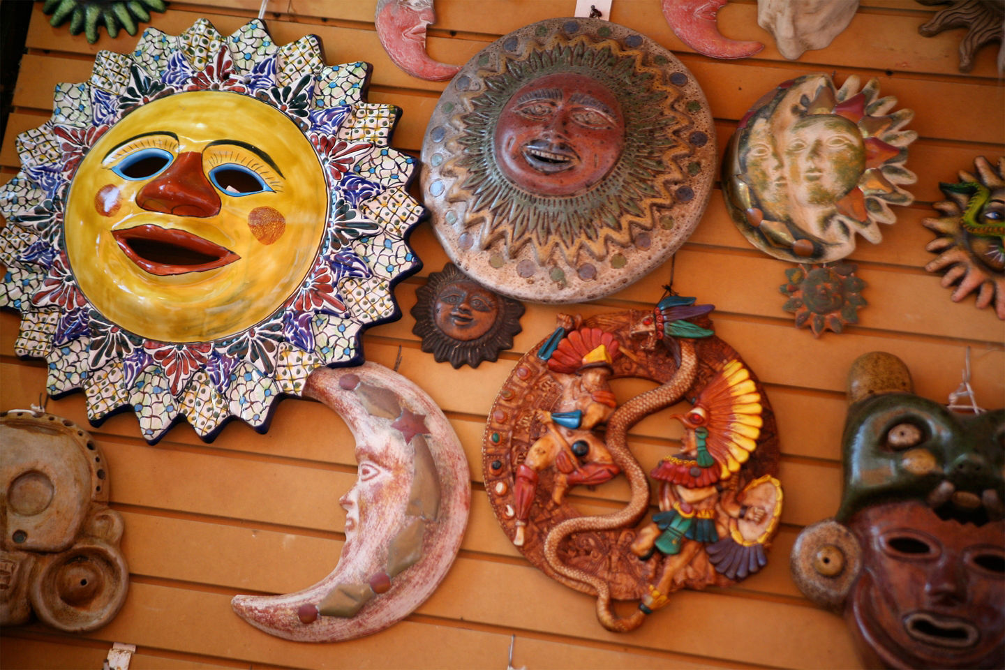 Colorful ceramic artifacts displayed in a Costa Maya market shop. - Puerto Costa Maya, Mexico