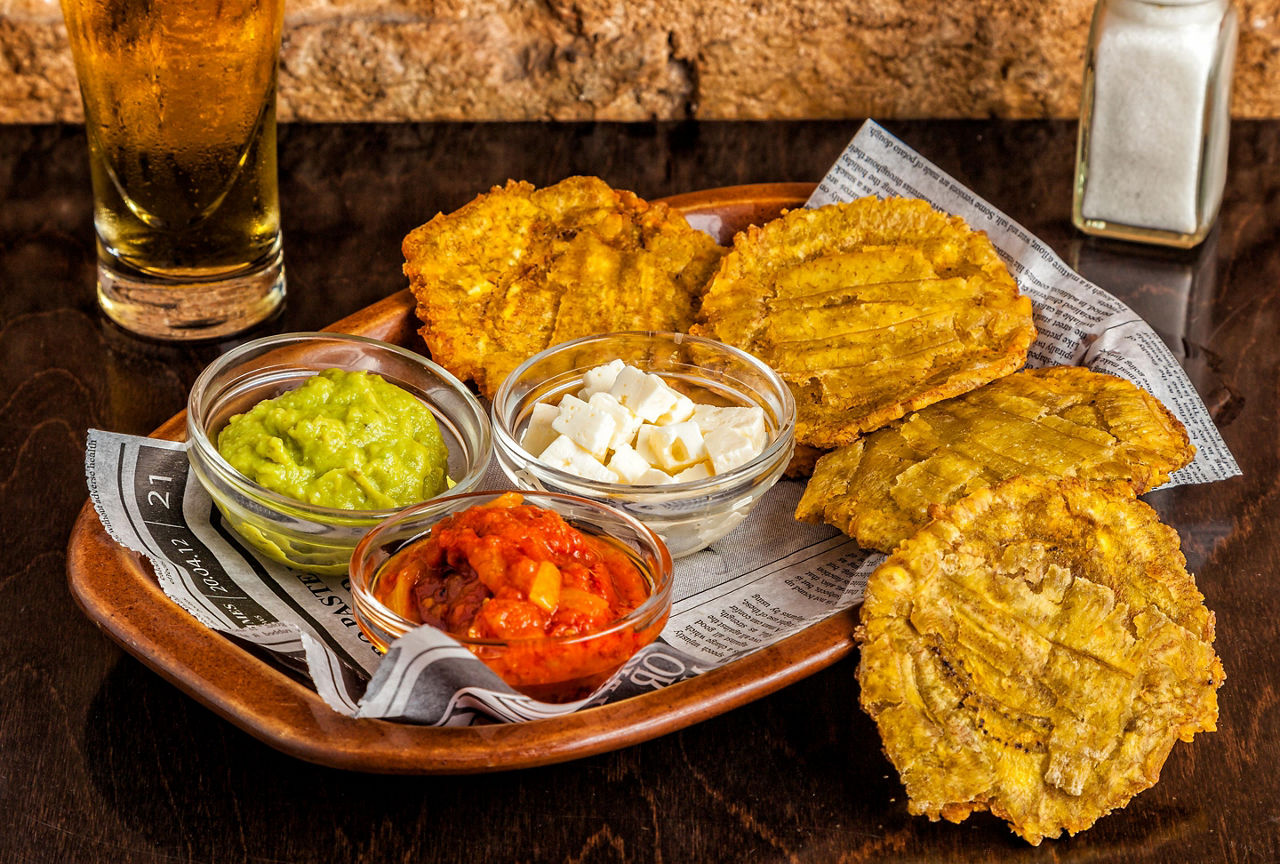 Tostones or patacones, fried green plantain slices, typical in Puerto Limon, Costa Rica