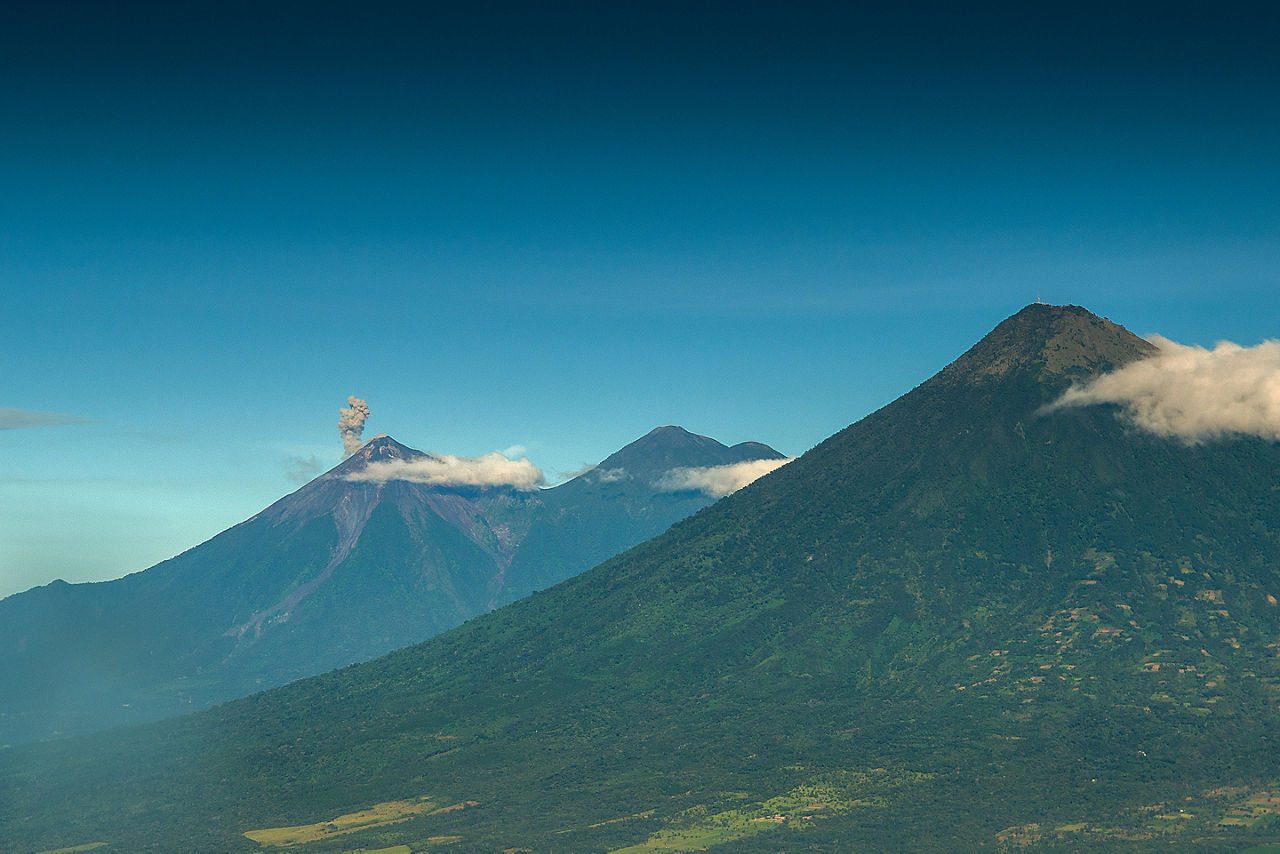 View of active volcanos: de Agua, Atitlan, de Fuego and Acatenango. Guatemala.