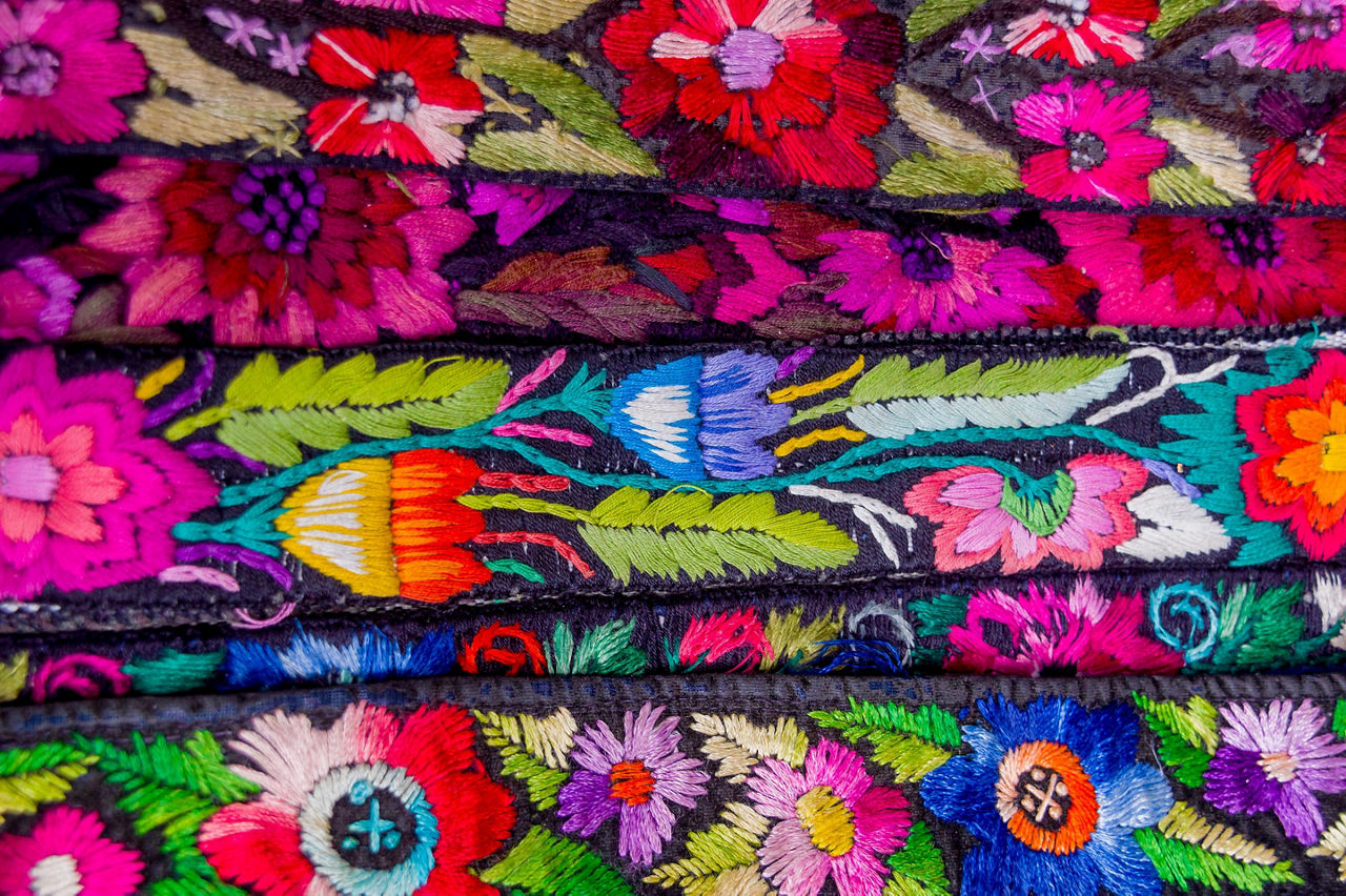 Traditional Mayan textiles on a market in Port Quetzal, Guatemala