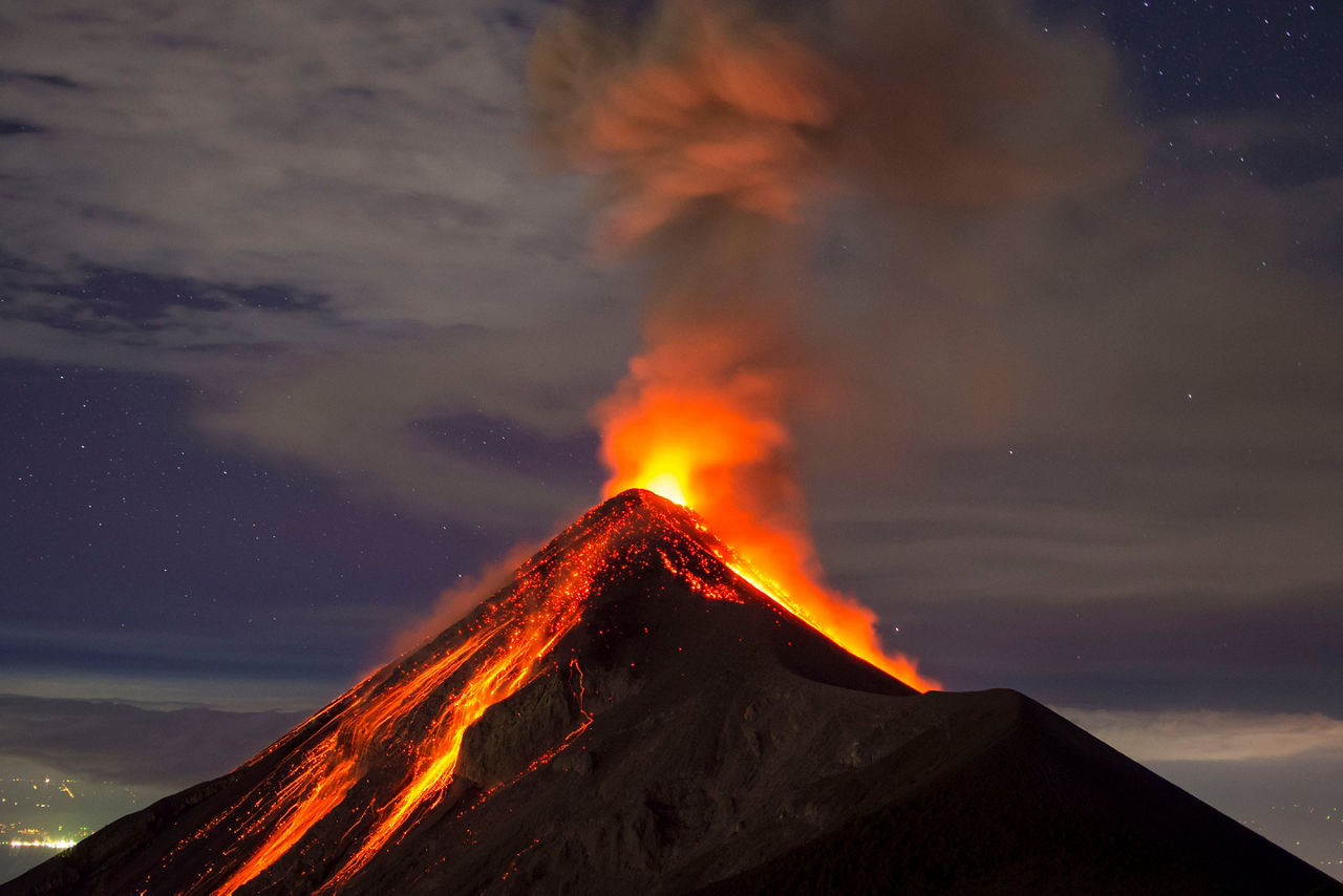 Volcano Fuego erupting at night in Antigua. Guatemala