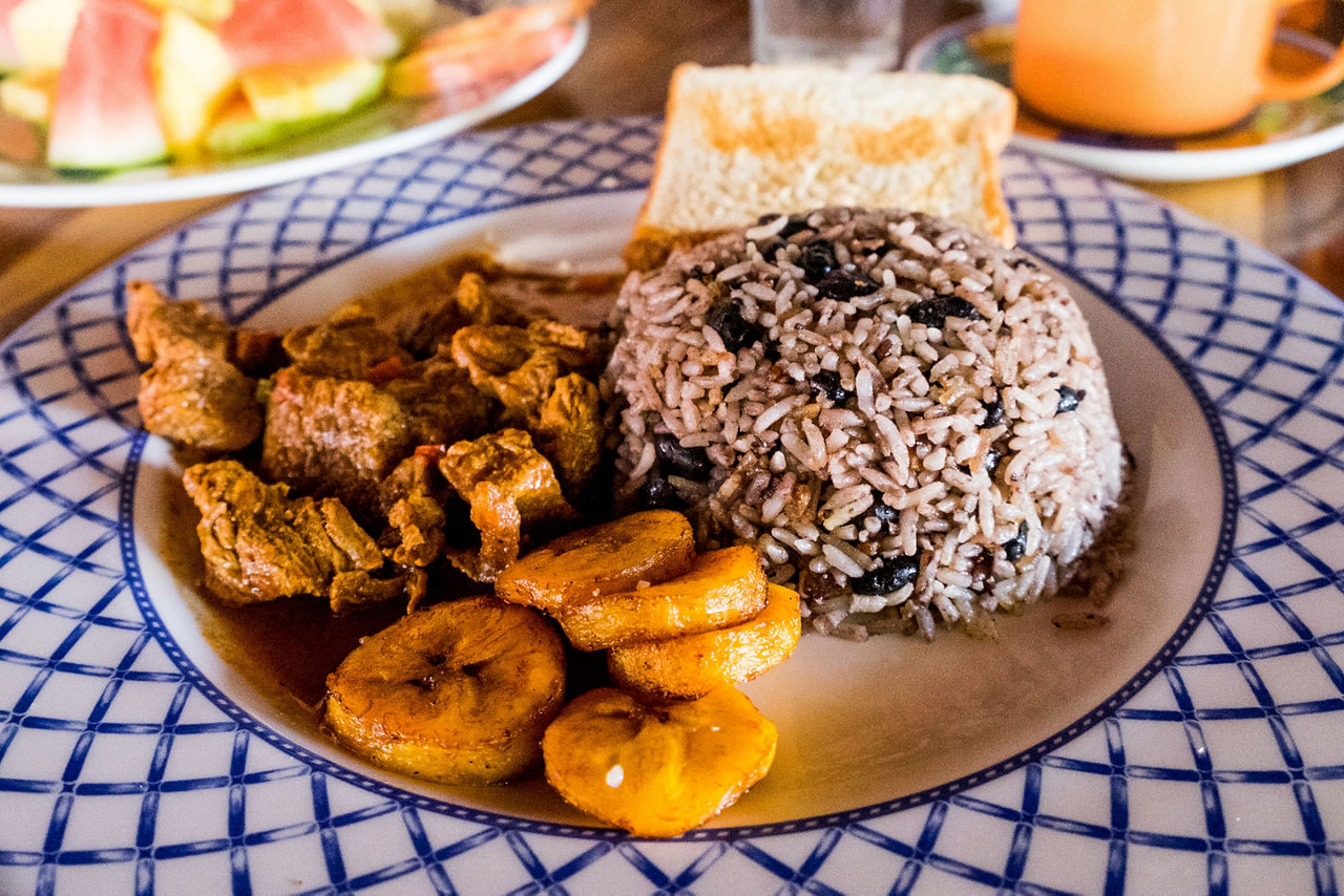 Ethnic tropical cuisine, gallo pinto with rice and beans in Puntarenas, Costa Rica