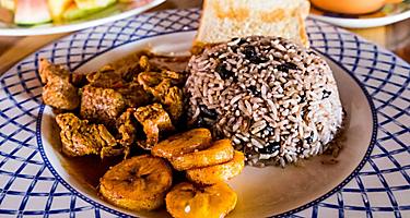 Ethnic tropical cuisine, gallo pinto with rice and beans in Puntarenas, Costa Rica