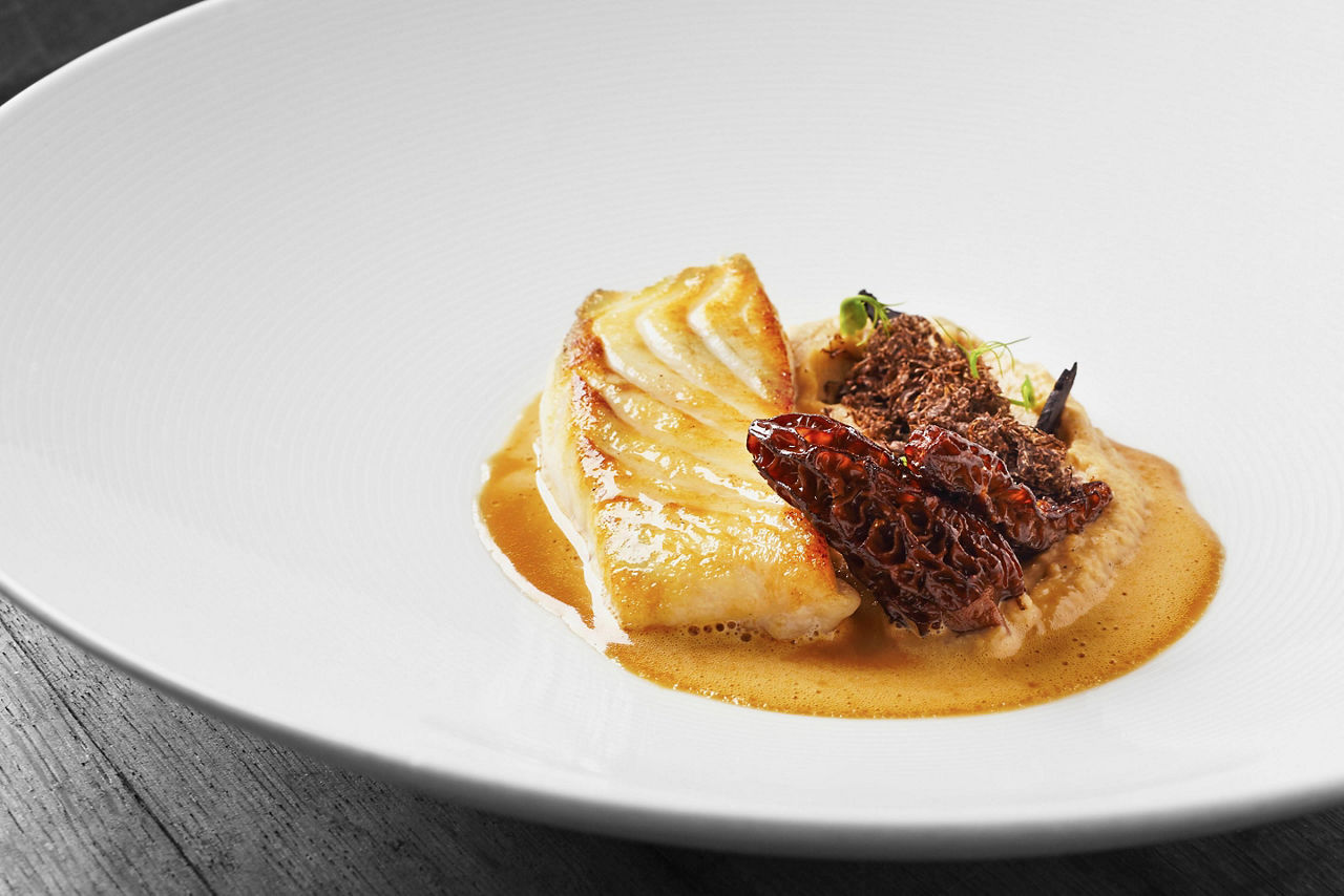 A roasted fillet of halibut and potato puree in a white bowl
