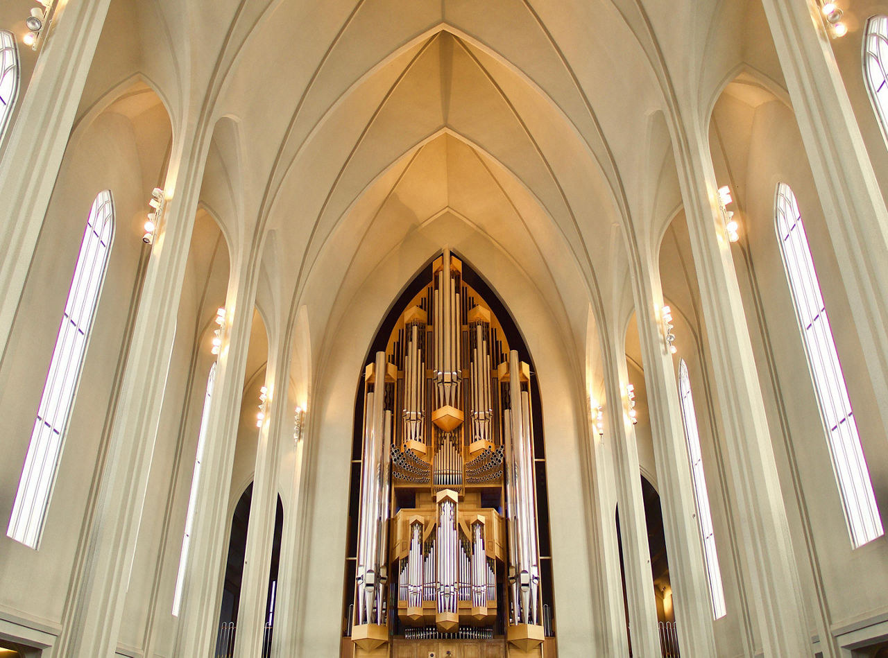 View of the organ inside a cathedral in Reykjavik, Iceland
