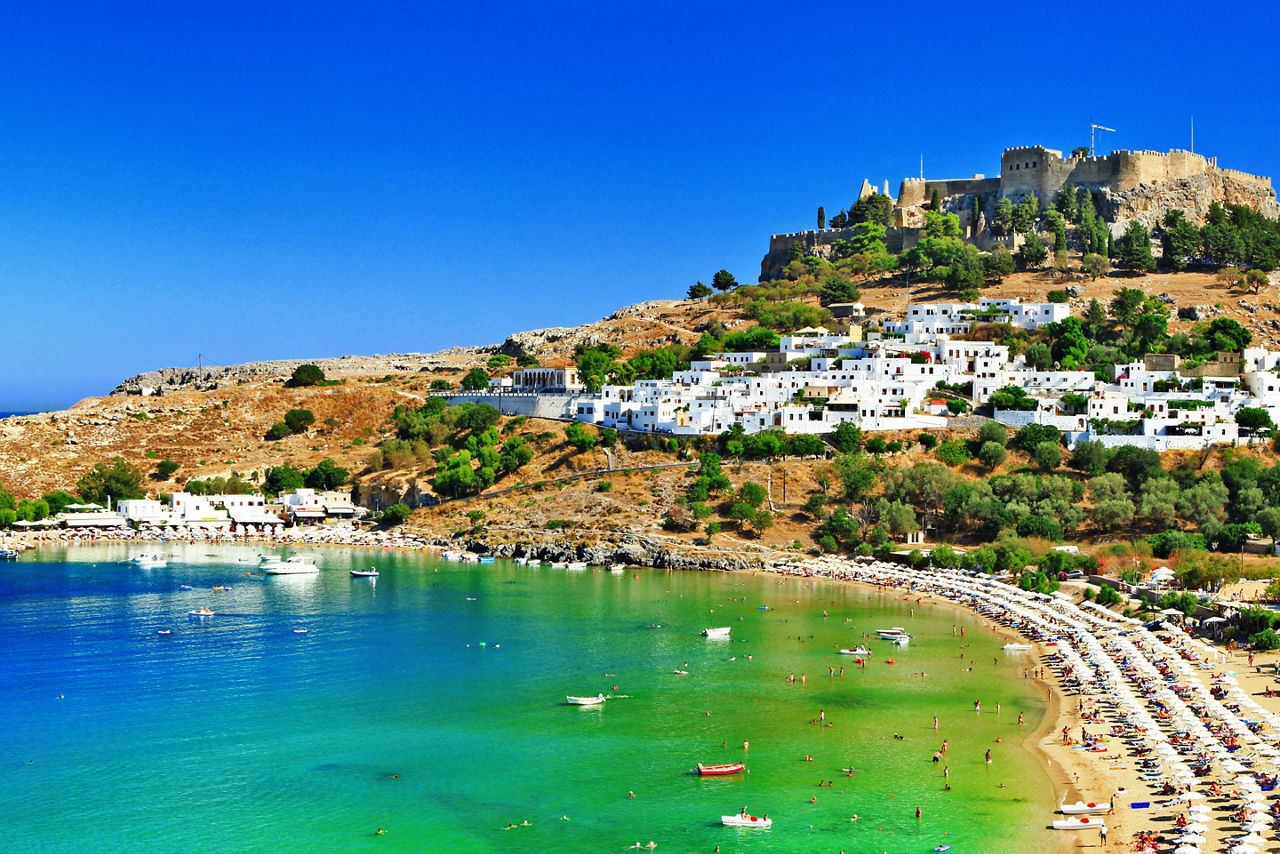 View of Lindos Bay in Greece