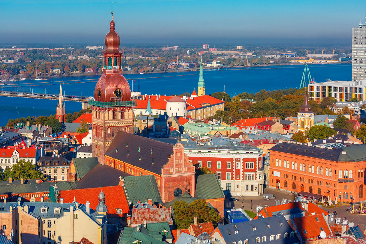 Riga, Latvia, Aerial of city and Daugava river