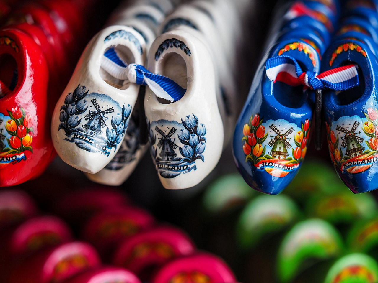 An assortment of souvenir ceramic shoes in Rotterdam, Netherlands