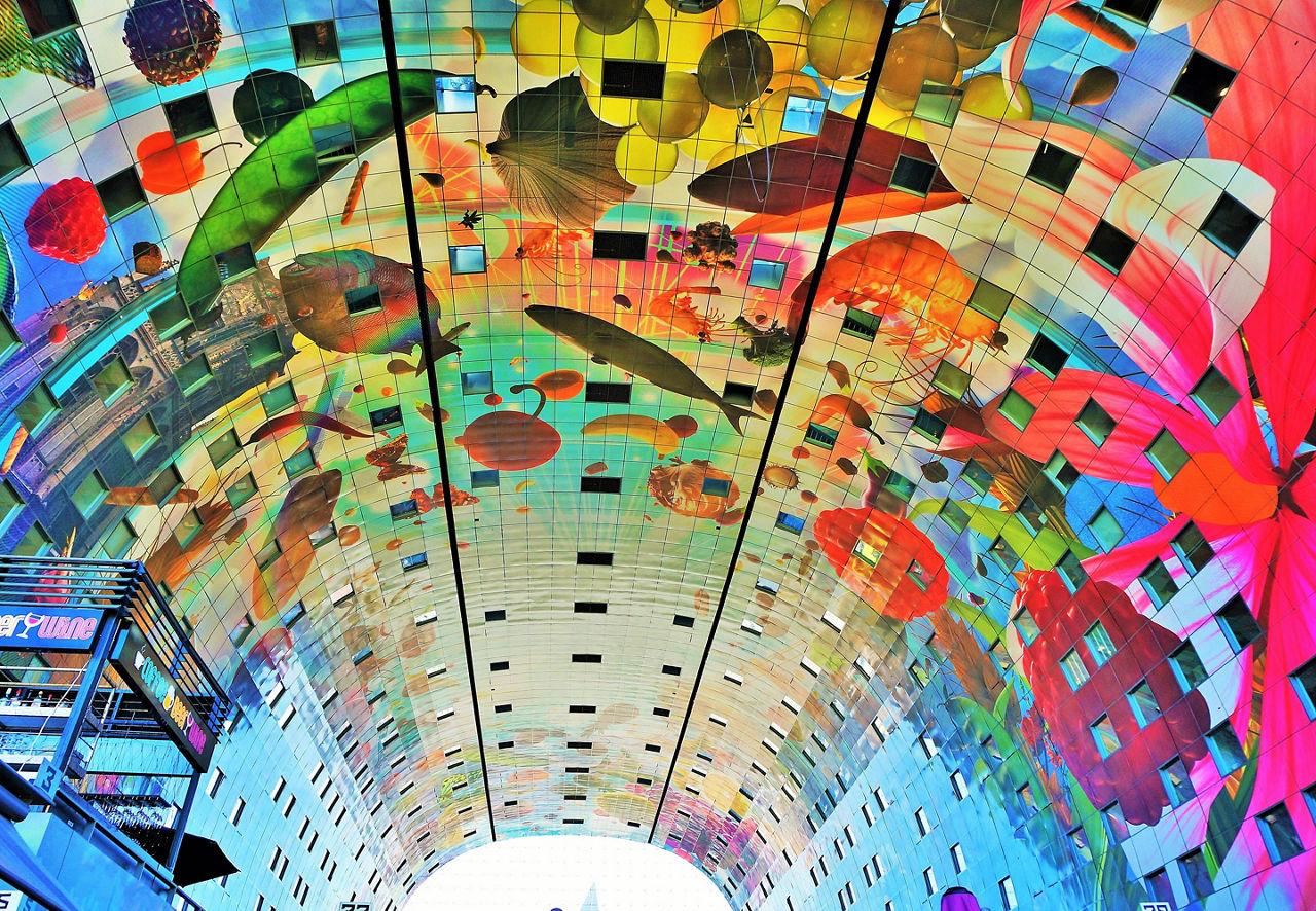The colorful painted arch of the Markthal