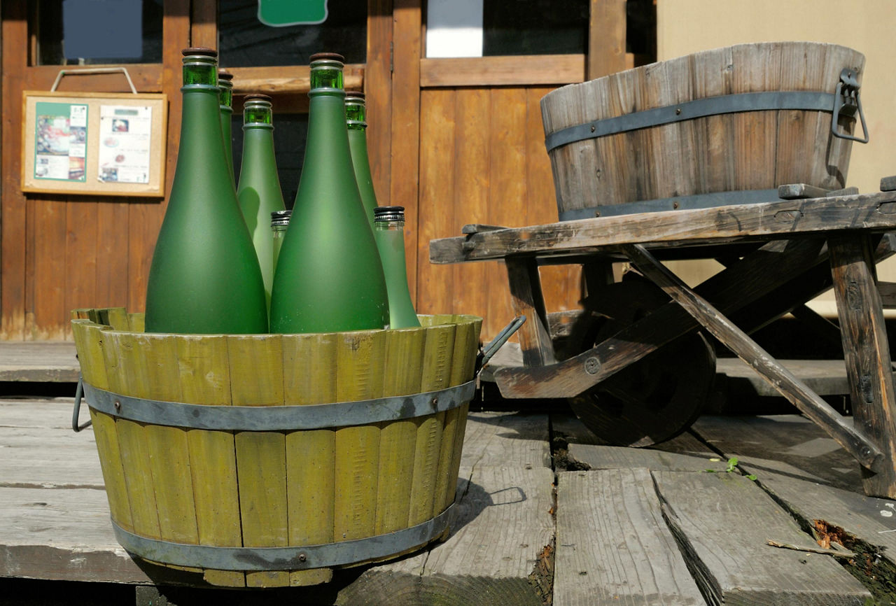 Sake bottles in a traditional bottle in Sakaiminato, Japan