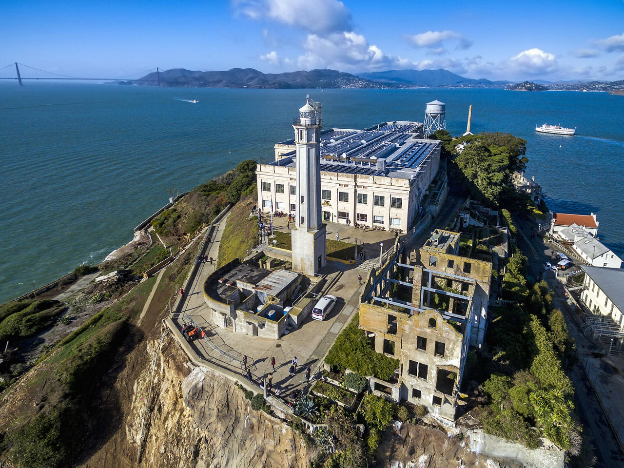 Aerial view of the prison island of Alcatraz in San Francisco, California