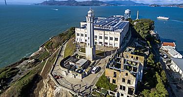 Aerial view of the prison island of Alcatraz in San Francisco, California