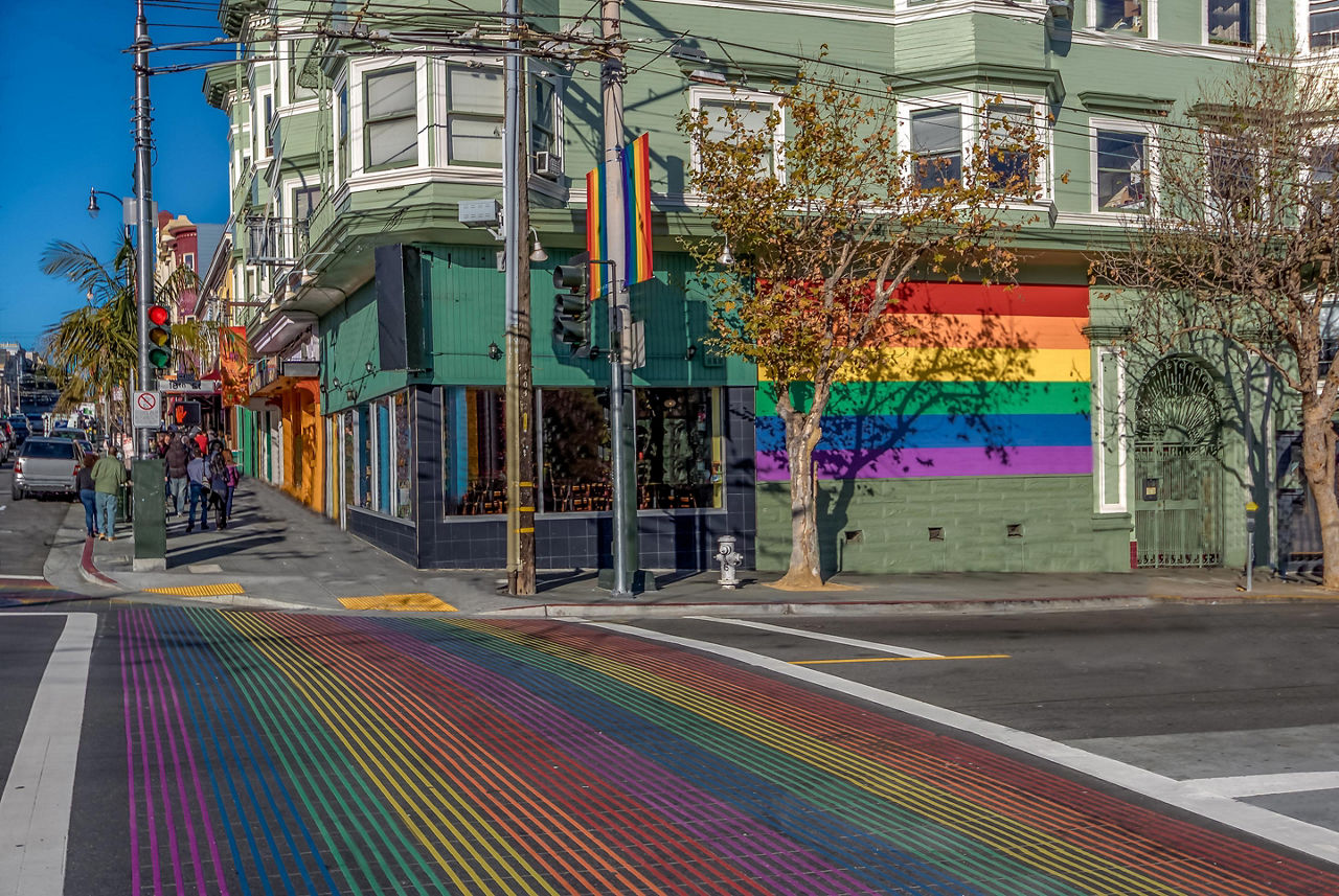 Castro District Rainbow Crosswalk intersection in San Francisco, California