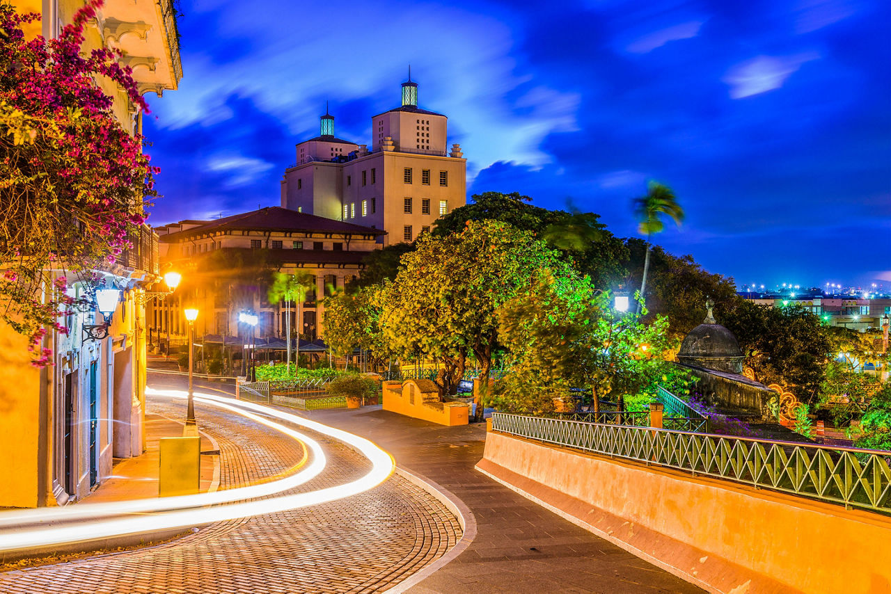 San Juan, Puerto Rico streets and cityscape at night.