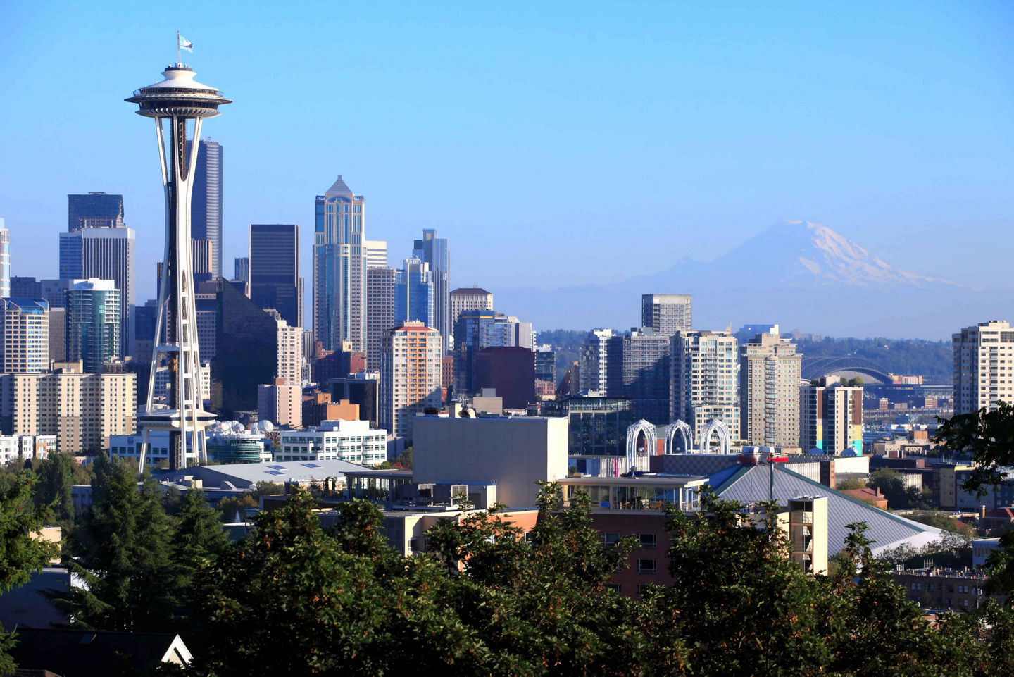 Seattle skyline featuring the Space Needle and sweeping cityscape views. - Seattle, Washington
